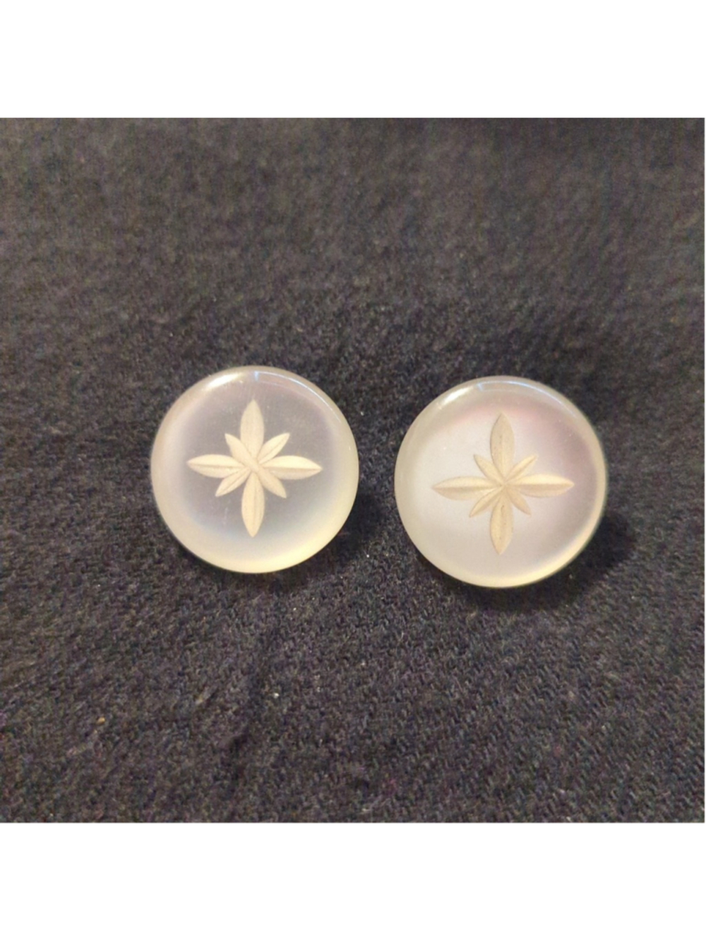 Vintage Round White Moonglow Lucite Etched Button Style Stud Statement Earrings